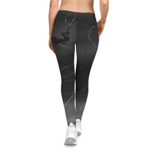Load image into Gallery viewer, Silhouette Casual Leggings, gray and black. Gray swirls and a black silhouette of a woman laying and one leg kick up in the air.