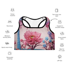 Load image into Gallery viewer, Sports bra with floral design and feature icons on a white background