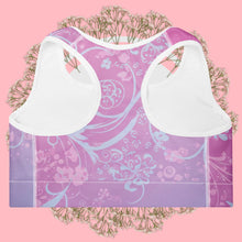 Load image into Gallery viewer, Purple and white patterned fabric with floral design on a pink background