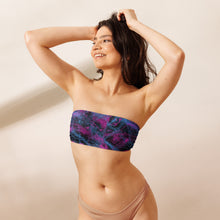 Load image into Gallery viewer, Purple, pink, blue a d black bikini top with swirls.