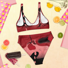 Cargar imagen en el visor de la galería, Red bikini set with black cherry design on a yellow background with fruit and ice cream decorations.