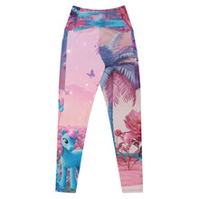 Load image into Gallery viewer, Colorful leggings with a blue pony and pink floral design on a white background