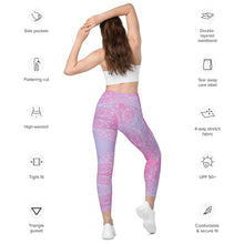Load image into Gallery viewer, Woman wearing pink and purple patterned leggings with feature icons on a white background