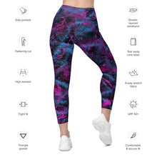 Load image into Gallery viewer, Multicolored pink and blue abstract leggings with features listed on a white background