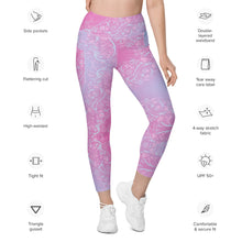 Load image into Gallery viewer, Pink and purple patterned leggings with features listed on the left.