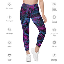 Load image into Gallery viewer, Pink and blue abstract Multicolored leggings with features listed on a white background