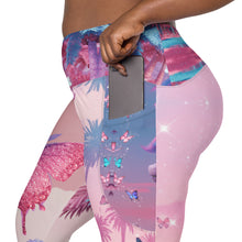 Load image into Gallery viewer, Colorful leggings with butterfly and palm tree design on a white background