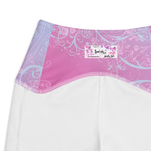 Load image into Gallery viewer, White leggings with pink and purple floral patterned waistband on a white background