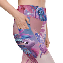 Load image into Gallery viewer, Colorful leggings with a blue pony and palm tree design on a white background