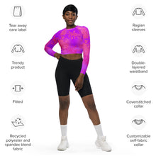 Load image into Gallery viewer, Person wearing a colorful long-sleeve top and black shorts with features listed on the left.