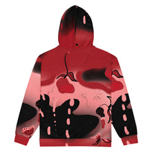 Cargar imagen en el visor de la galería, Red and black hoodie with abstract designs on a white background