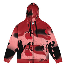 Cargar imagen en el visor de la galería, Red and black hoodie with abstract designs on a white background