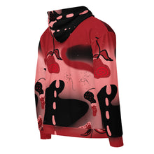 Cargar imagen en el visor de la galería, Red hoodie with black abstract designs on a white background