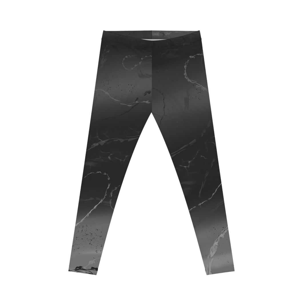 Silhouette Casual Leggings, gray and black. Gray swirls and a black silhouette of a woman laying and one leg kick up in the air.