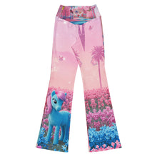 Load image into Gallery viewer, Children&#39;s pants with a blue pony, pink palm trees a garden and butterflies.
