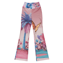 Load image into Gallery viewer, Colorful pants with tropical design featuring palm trees, flowers, and a butterfly on a white background.
