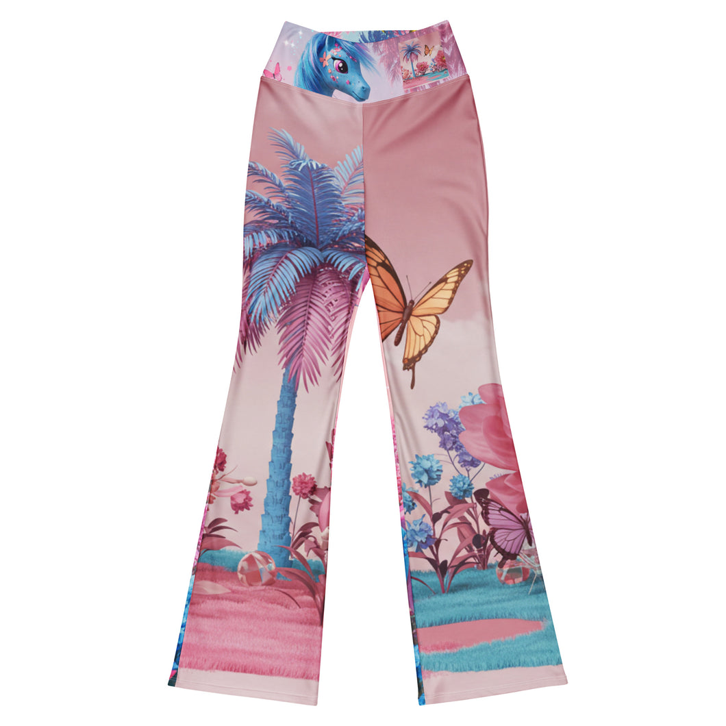Colorful pants with tropical design featuring palm trees, flowers, and a butterfly on a white background.