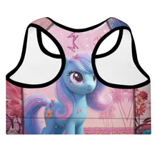 Load image into Gallery viewer, Sports bra with a blue pony design on a pink background
