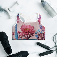 Load image into Gallery viewer, Floral sports bra with black sneakers, water bottle, and jump rope on a white background
