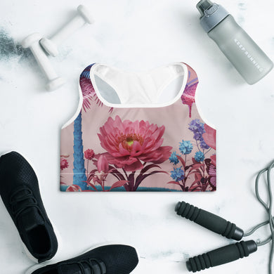Floral sports bra with black sneakers, water bottle, and jump rope on a white background