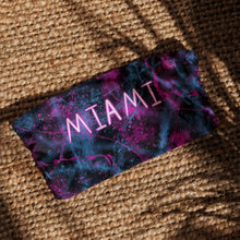 Load image into Gallery viewer, A strapless bikini top with &#39;MIAMI&#39; print on a white background. Purple, pink, blue and black bikini top.
