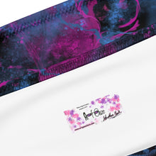 Load image into Gallery viewer, Purple, pink, blue and black bikini top with swirls. On white background.  Interior brand tag of Artgaze.
