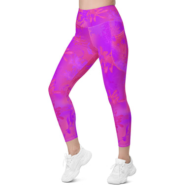 Verbena High Waist Leggings w/pockets Pink and purple flora leggings on a white background. 