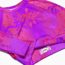 Load image into Gallery viewer, Purple and pink floral-patterned fabric with a brand label on a white background
