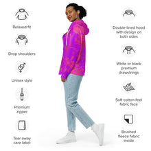 Load image into Gallery viewer, Woman wearing a tie-dye hoodie with product features listed on the left.
