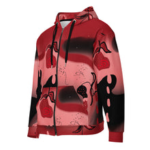 Cargar imagen en el visor de la galería, Red hoodie with black abstract designs on a white background
