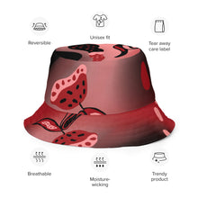 Cargar imagen en el visor de la galería, Red bucket hat with black and pink floral patterns on a white background, featuring product features.
