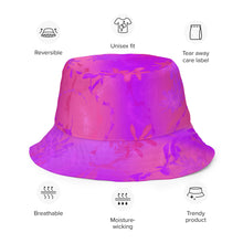 Load image into Gallery viewer, Purple and pink bucket hat with features listed on a white background
