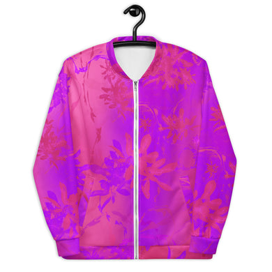 Pink and purple floral patterned jacket on a hanger against a white background