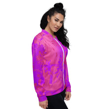 Load image into Gallery viewer, Woman wearing a pink and purple floral patterned jacket on a white background
