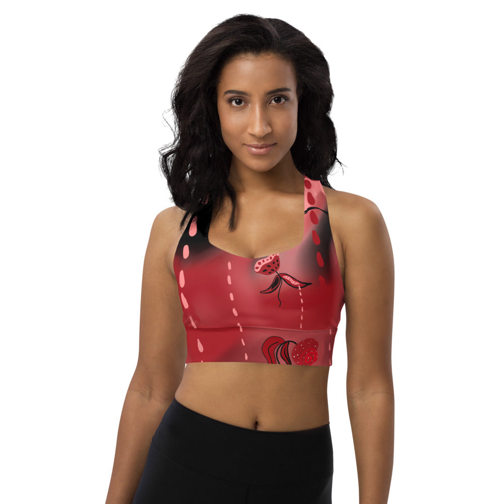Strawberry Flower Drip Longline Sports Bra. For working out, running, or Fashion. ArtGaze.shop