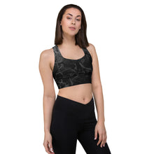 Load image into Gallery viewer, Black and gray with gray swirls on the sprots bra, 
