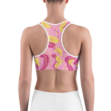 Load image into Gallery viewer, The Pink Tropical Sports Bra, doesn’t want to be alone. It has relatives, the Tropical High Waist Shorts and the High Waist Leggings with pockets.  If it can join it, You can make it happen.  Complete the bottom of your choice,  and show off your fashion &amp; style from ArtGaze of art.
