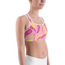 Load image into Gallery viewer, The Pink Tropical Sports Bra, doesn’t want to be alone. It has relatives, the Tropical High Waist Shorts and the High Waist Leggings with pockets.  If it can join it, You can make it happen.  Complete the bottom of your choice,  and show off your fashion &amp; style from ArtGaze of art.
